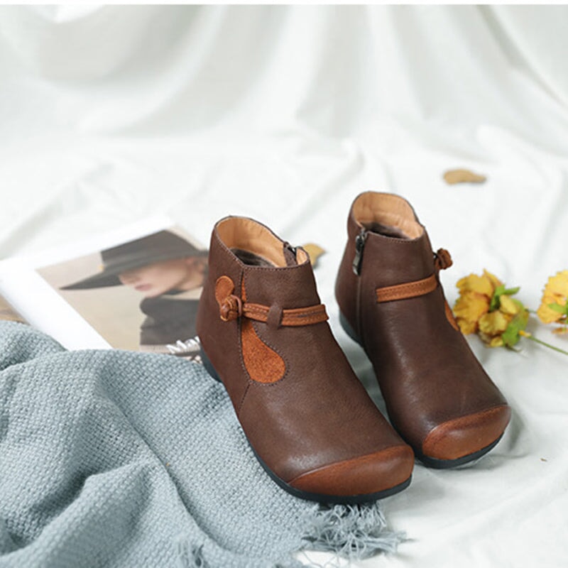 Women Calf Leather Ankle Boots Round Toe Flat Lace-Up Boots White/Brown/Coffee