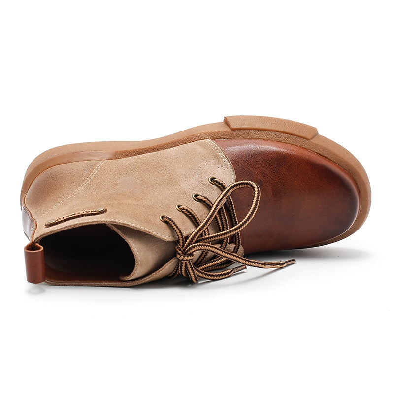 Womens Boots Lace Up Vegetable Tanned Leather Ankle Boots in Coffee/Coffee Short Plush
