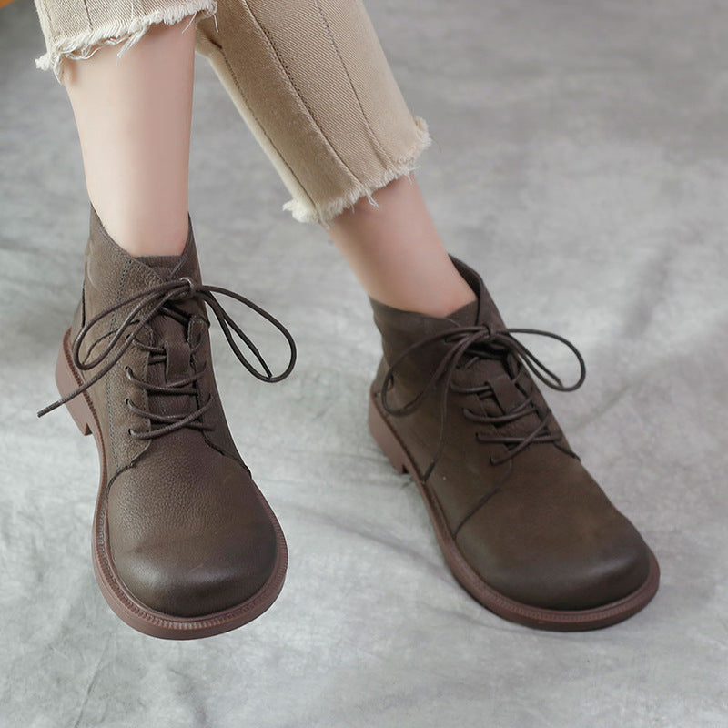 Wide Toes Handmade Genuine Leather Boots Lace-Up Combat Boots Retro Chunky Ankle Boots