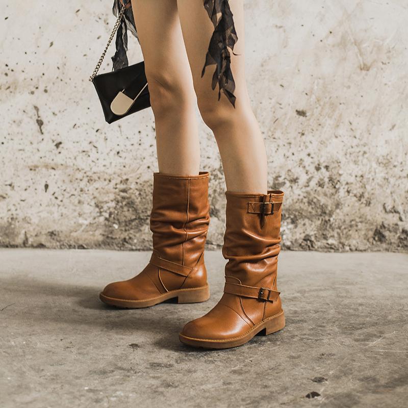 Waxing Leather Mid Calf Boots Fold Design Riding Boots Short Plush Lined Or Leather For Choice Apricot/Brown/Black