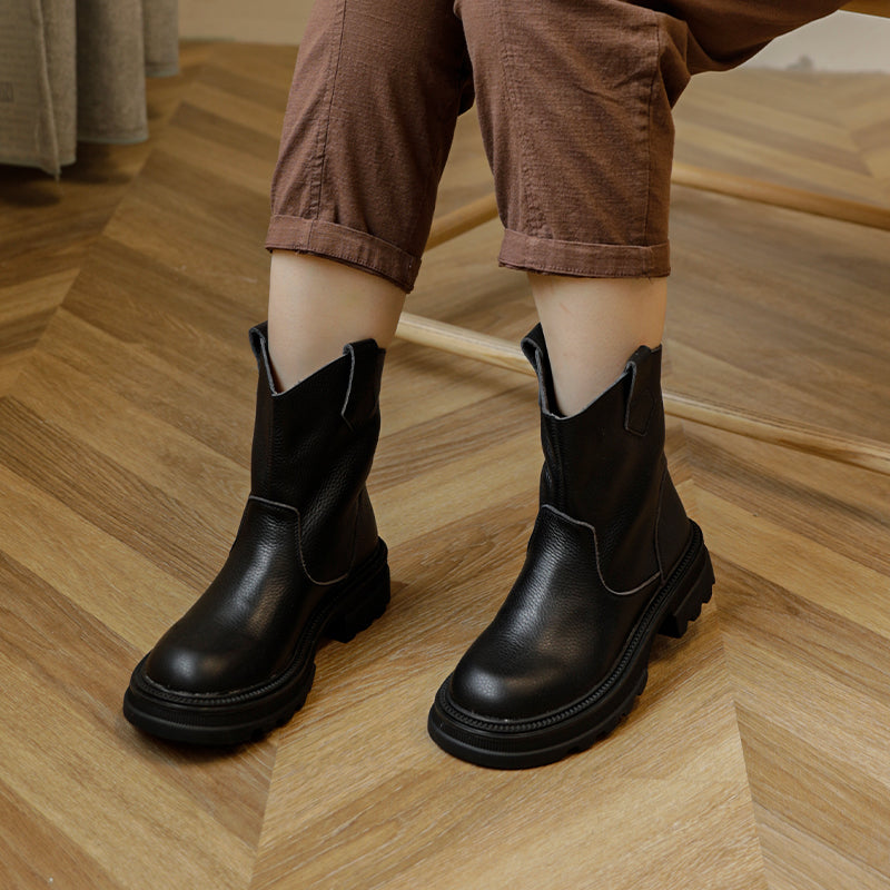 Cowhide Boots Women Comfy Zip Walking Boots Brown/Black/Coffee