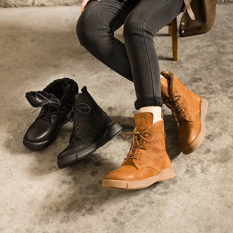 Waxing Leather Shearling Lined Short Boots for Winter Lace Up Snow Boots in Black/Coffee