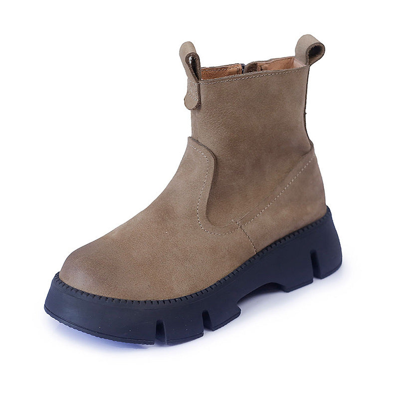 Retro Cowhide Chunky Boots Women Comfy Zip Walking Boots Gray/Apricot