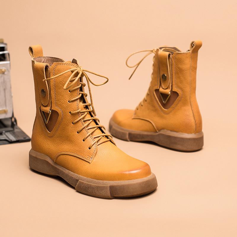 Leather Boots Designer Retro Chunky Riding Boots Side Heart Shape Handmade Coffee/Black/Yellow