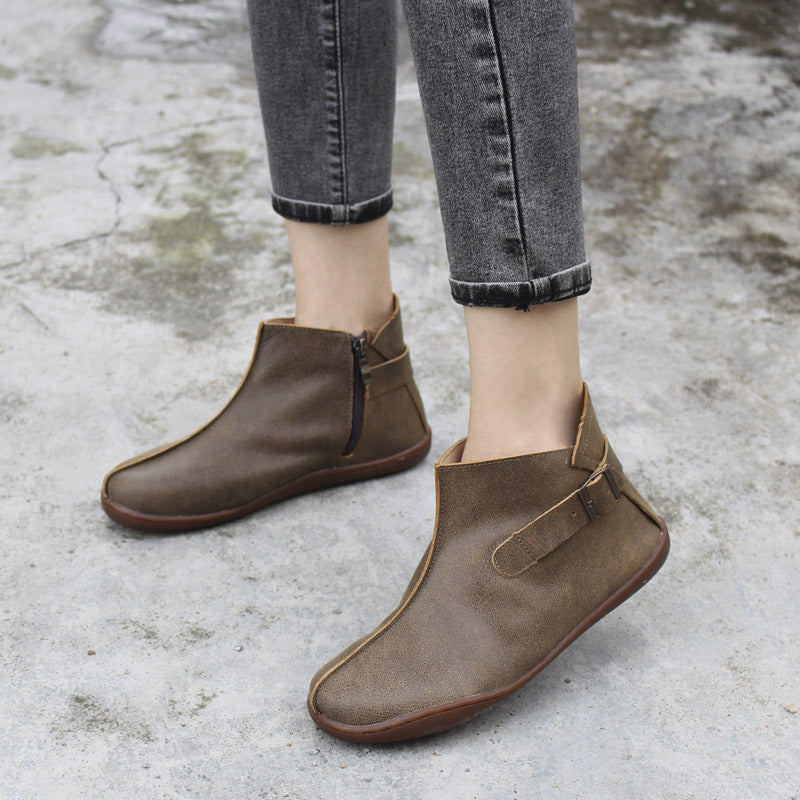Women Ankle Boots Leather Handmade Mori Girl Shoes Flats Grey