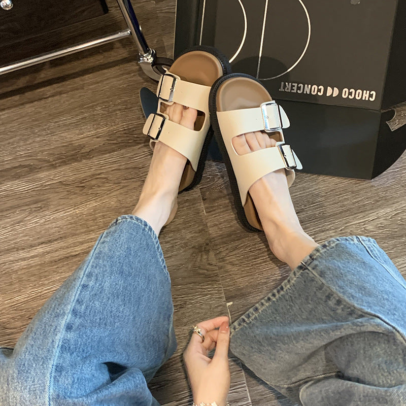 Retro Genuine Round Toe Wide Strap Sandals