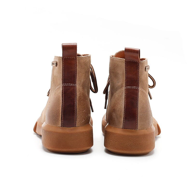 Womens Boots Lace Up Vegetable Tanned Leather Ankle Boots in Coffee/Coffee Short Plush