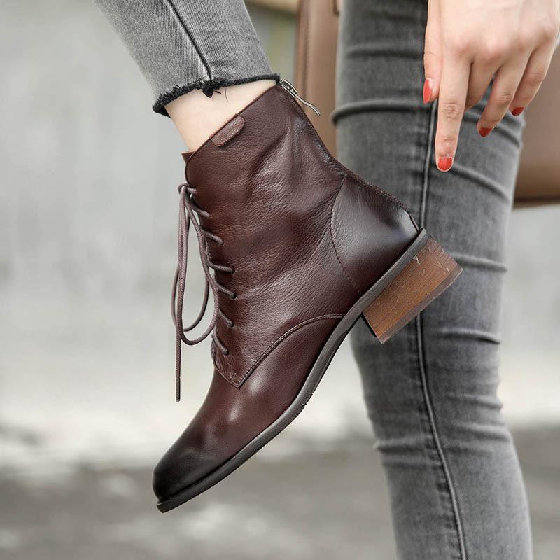 Handmade Fashion Boots Women Genuine Leather Lace-Up Oxfords Round Toe Chunky Ankle Booties Back Zipper Black/Brown