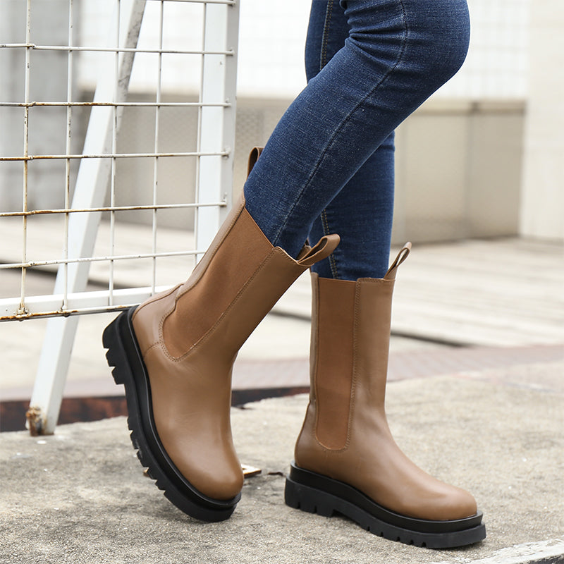 Classic Chunky Chelsea Boots Handmade Genuine Leather in Black/Brown