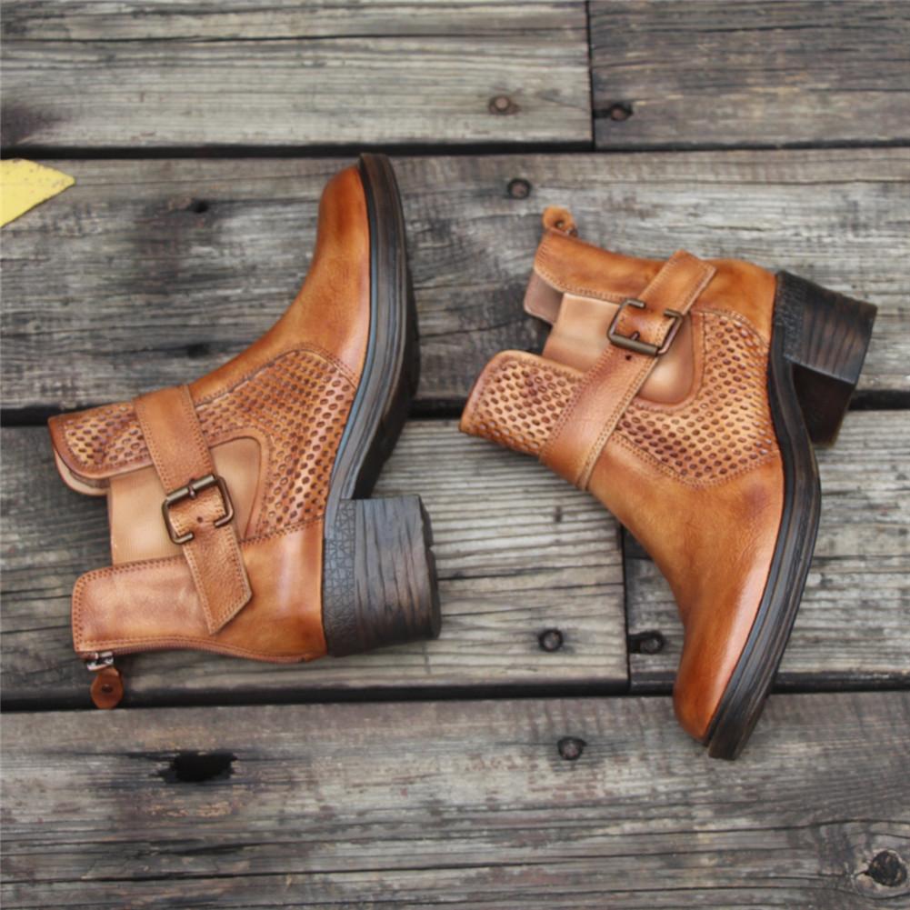 Women'S Handmade Leather Ankle Boots Comfortable Walking Retro Boots With Buckles Brown