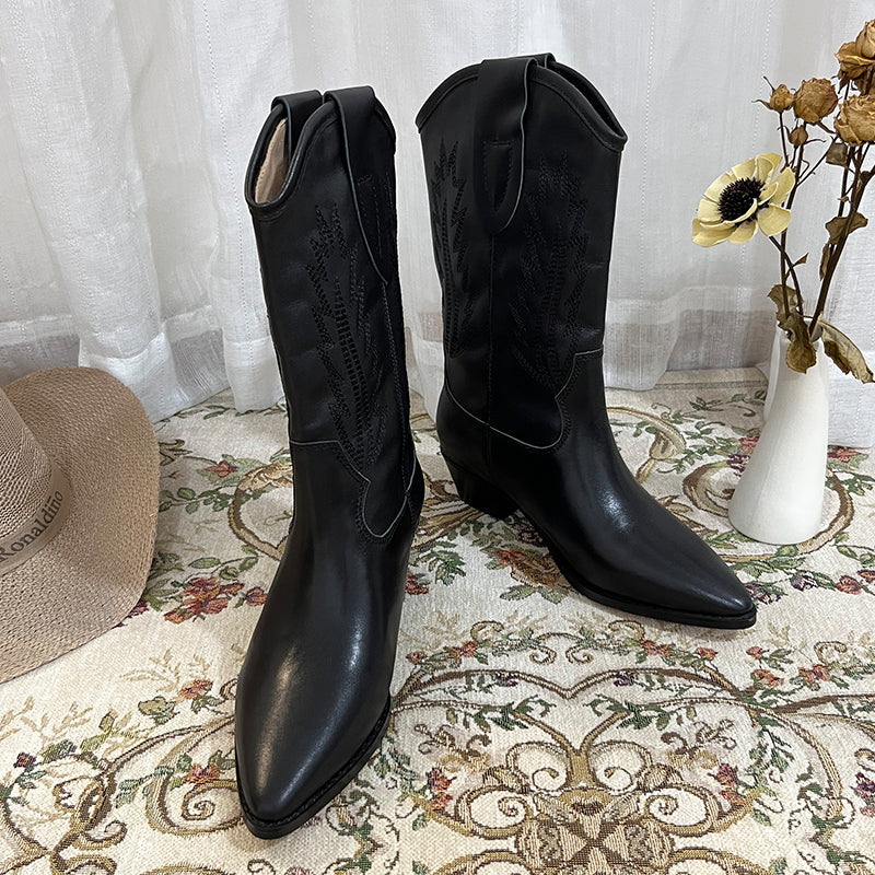 Womens Western Embroidered Short Boots Block Heel - Suede Black/Black Cowgirl Boots All Genuine Leather