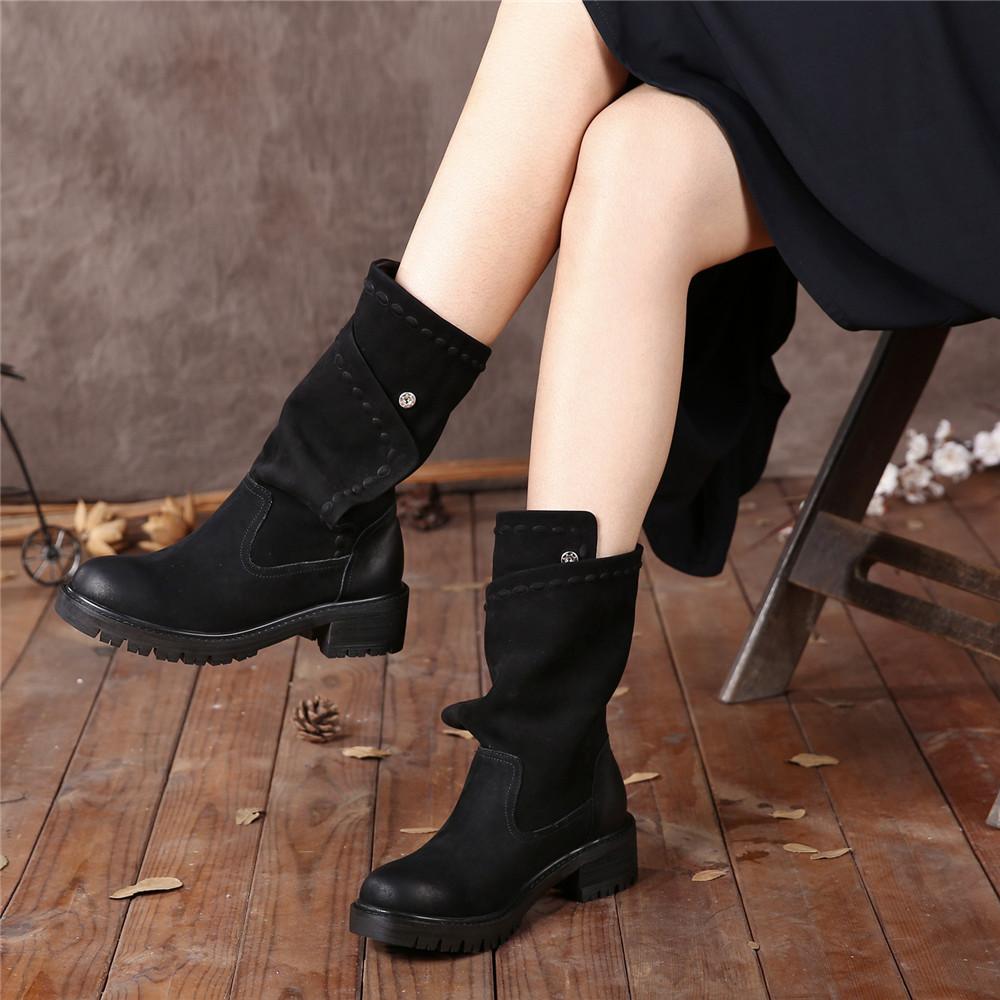 Women'S Retro Leather Boots Button Sleeve Black/Red