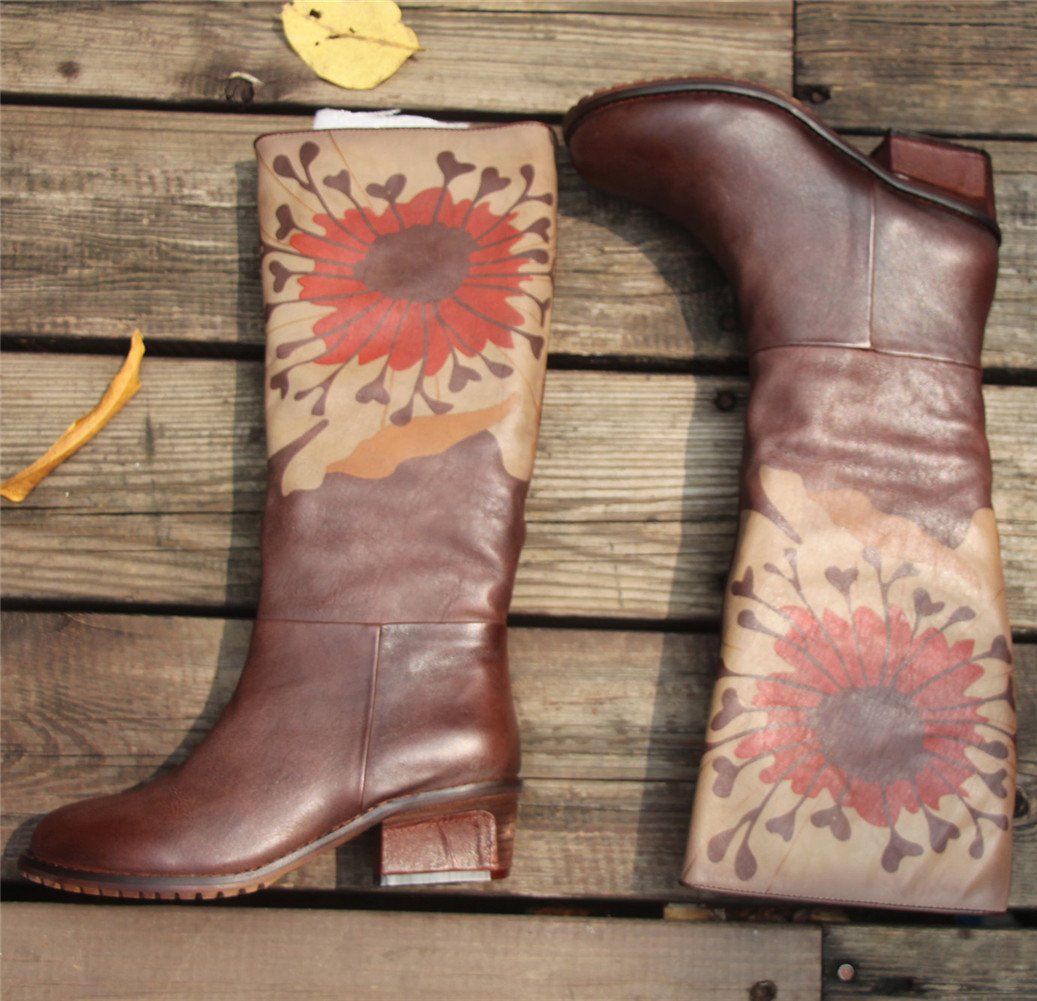 Handmade Leather Knee High Boots Block Heel Biker Boots Retro Flowers