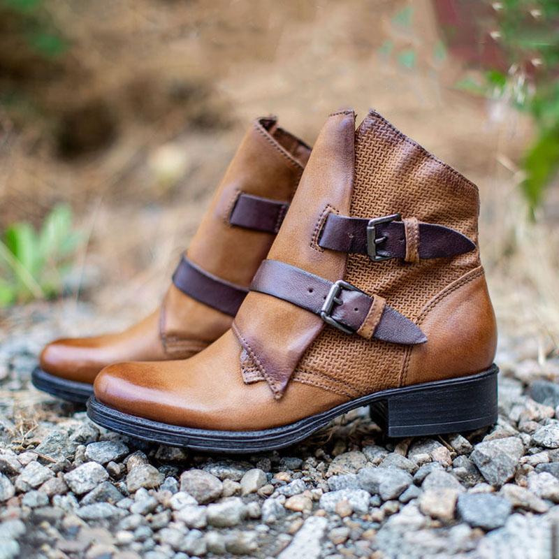 Women's Trendy Vintage Leather Booties With Buckle