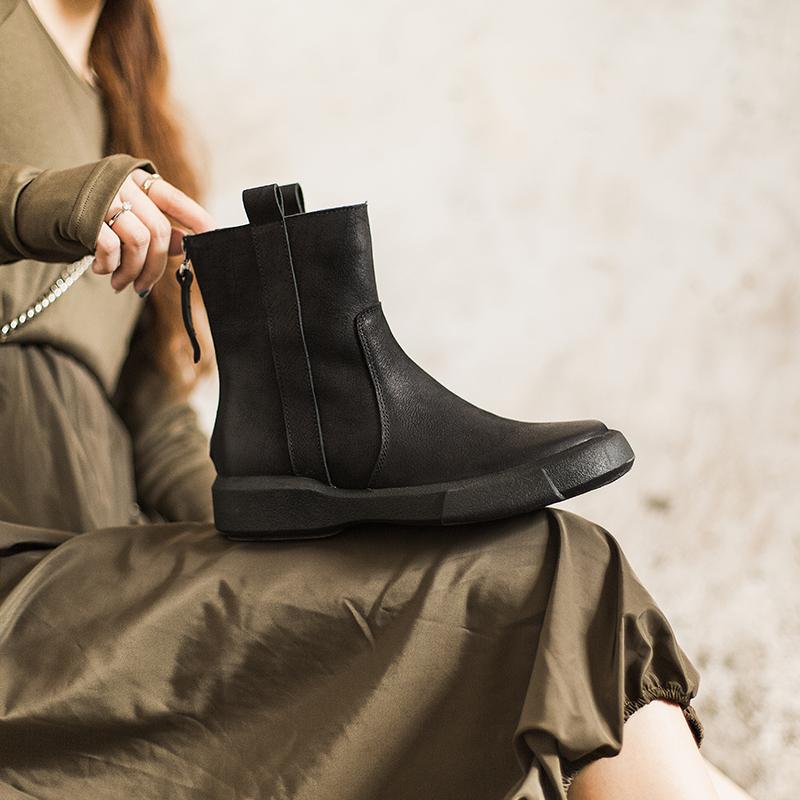 Waxing Leather Chelsea Boots Handmade British Boots Back Zip Black/Coffee/Black Short Plush/Coffee Short Plush