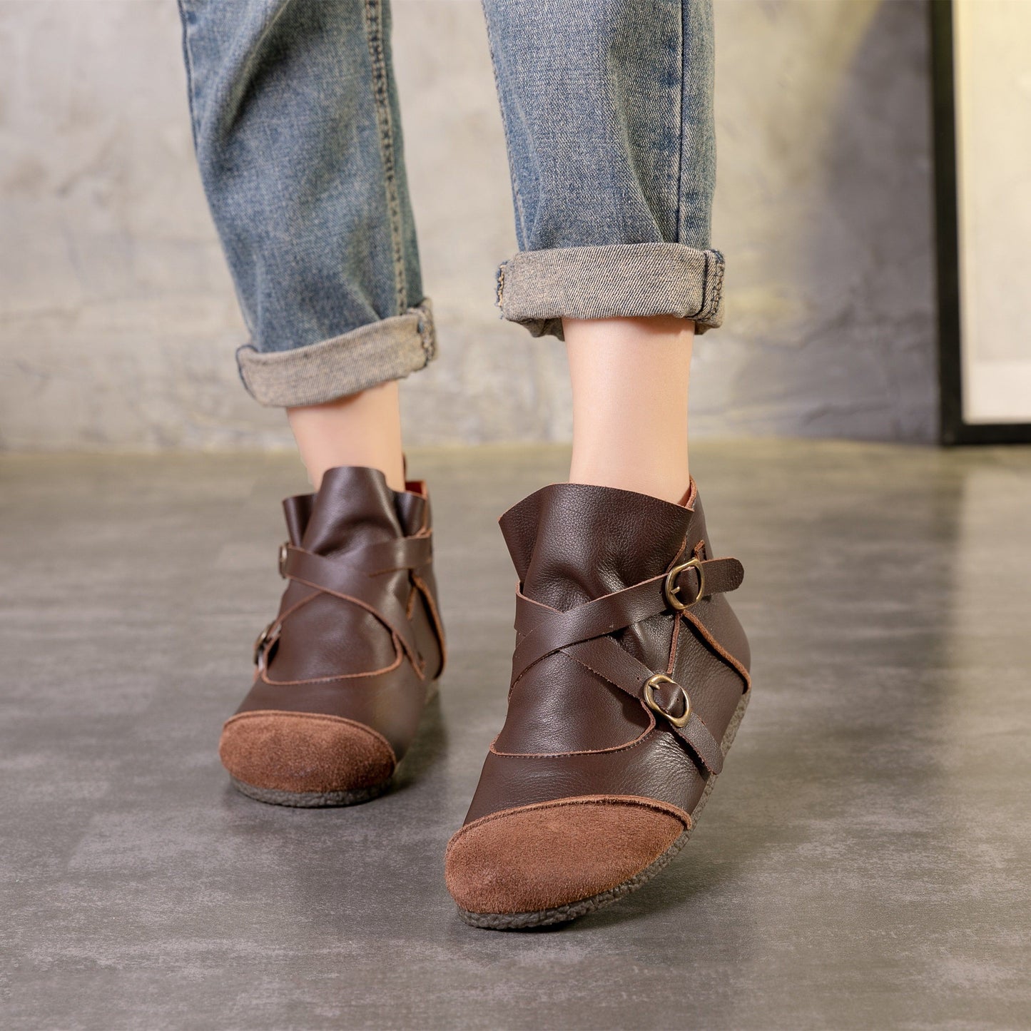 Handmade Women'S Leather Flat Ankle Boots Stitching With Black/Coffee Booties