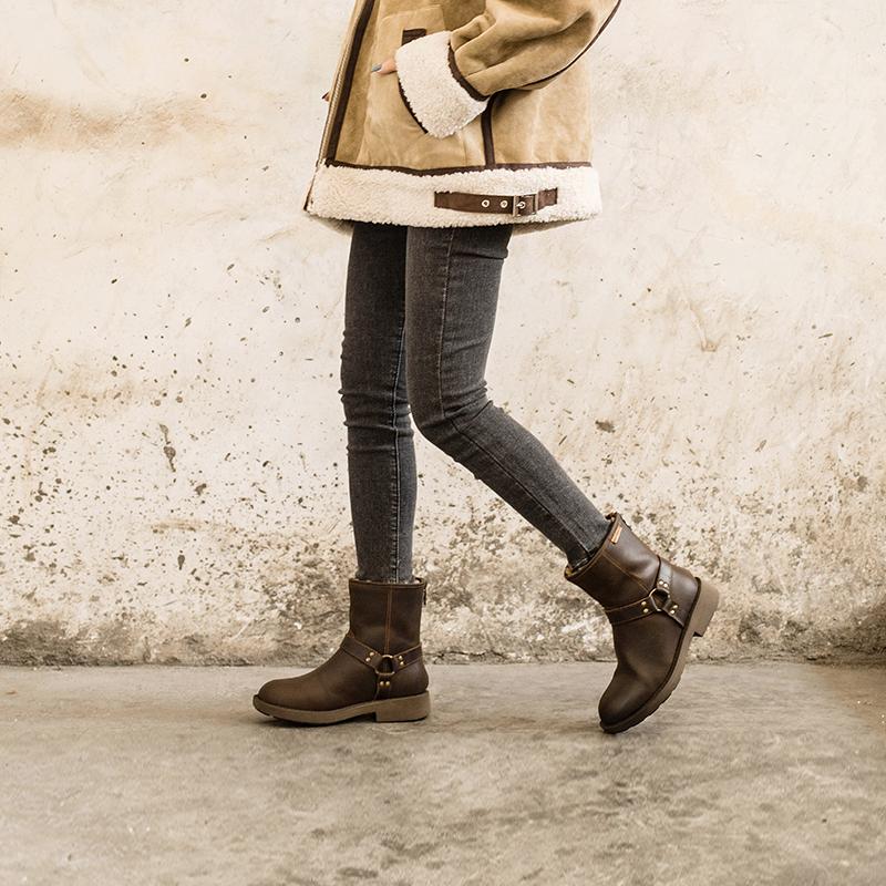Waxing Leather Buckle Boots Handmade British Boots Fleece Lined Snow Boots Black/White/Coffee