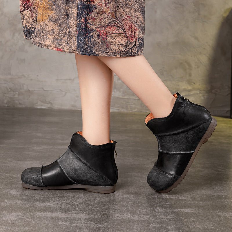 Women Handmade Leather Flats Loafers Boots Color Blocking Ankle Boots Original Design Coffee/Black