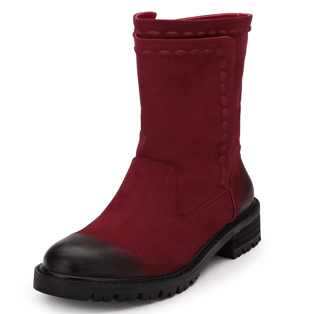 Women'S Retro Leather Boots Button Sleeve Black/Red