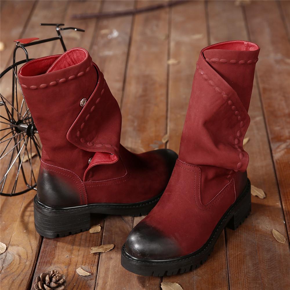 Women'S Retro Leather Boots Button Sleeve Black/Red