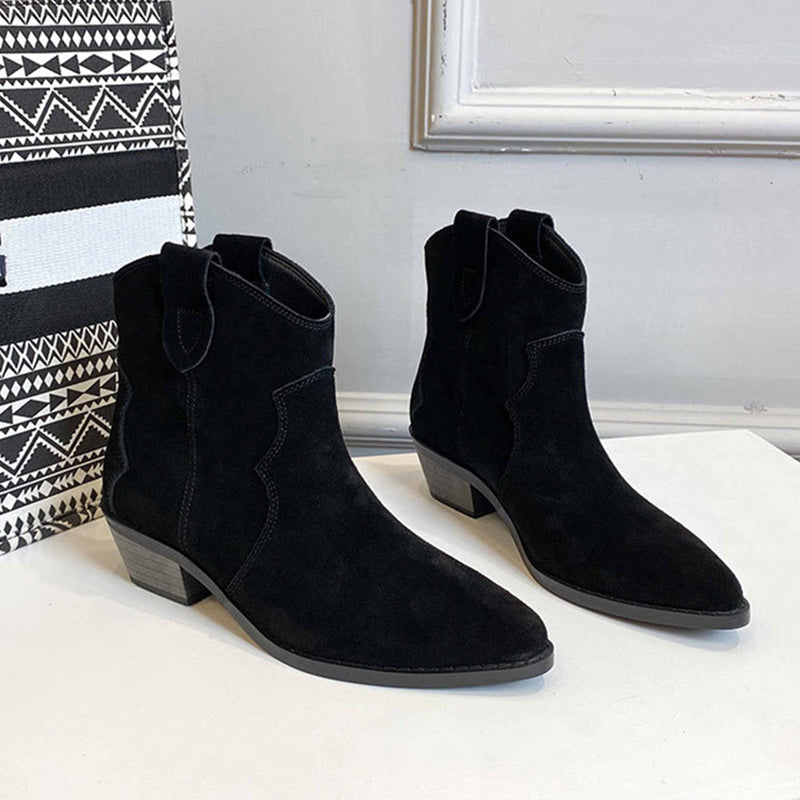 Western R Toe Cowgirl Boots Chelsea Boots Handmade Genuine Leather Ankle Boots in Black/Khaki/Apricot