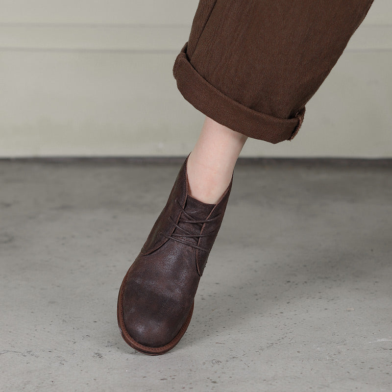 Oxfords For Women Lace Up Flat Sole Ankle Boots Handmade Matte Leather Boots Coffee/Brown