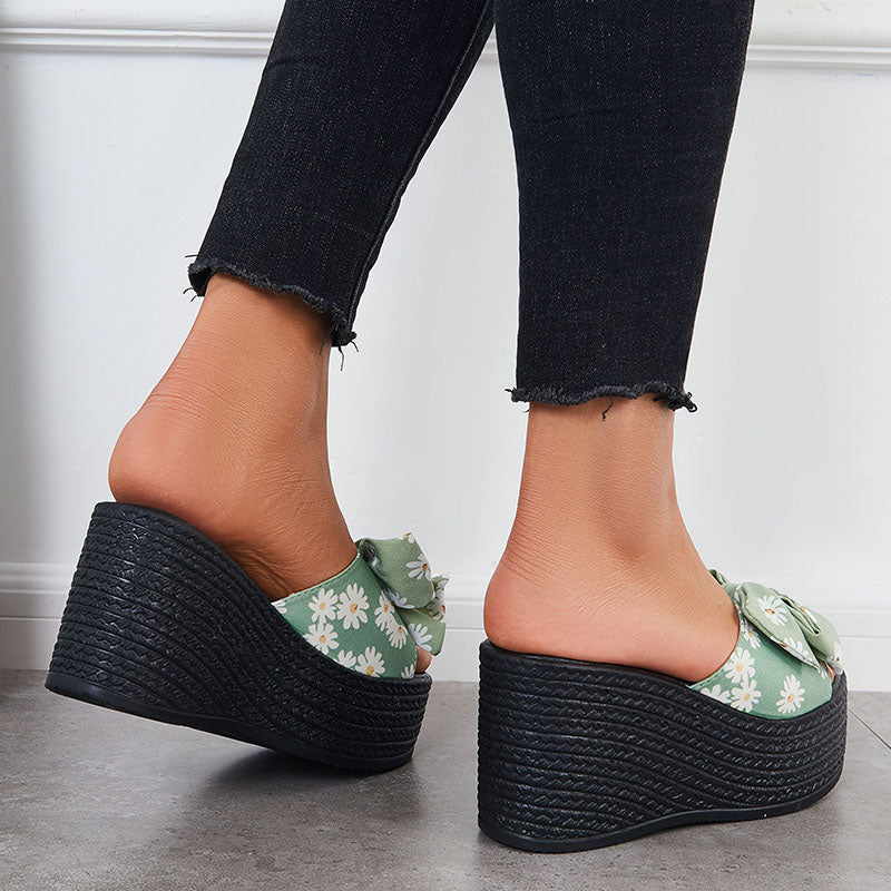 Platform Wedge Sandals Bowknot Slides Casual Open Toe Slip on Dress Slippers