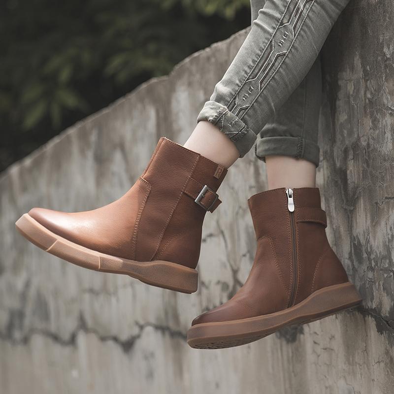 Waxing Leather Ankle Boots Back Buckle Decorate Black/Coffee