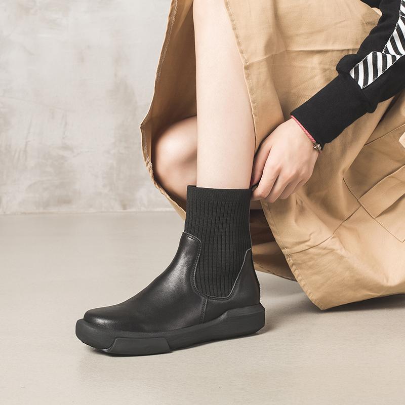 Waxing Leather Chelsea Boots Handmade British Sock Boots Black/Black Short Plush