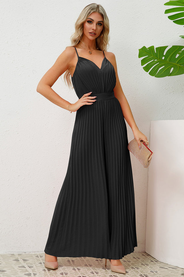V Neck Pleated Jumpsuit