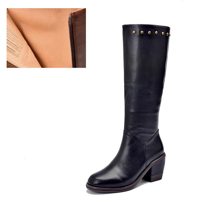 Handmade Leather Knee High Boots Block Heel Biker Boots Retro Rivet