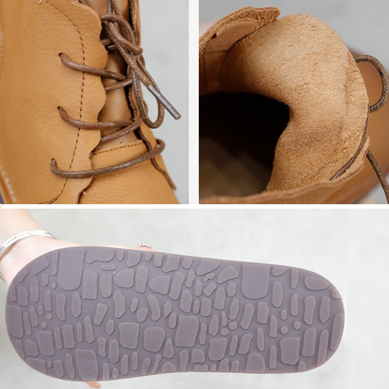 Women's Leather Booties Round Toe Lace-Up Flat Ankle Boots Handmade in Brown/Coffee