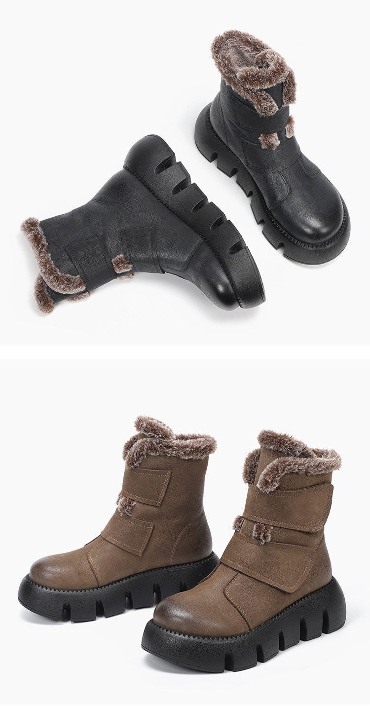 Winter Boots Plush Warm Genuine Leather Hook & Loop Round Toe 2021 New Handmade Ankle Platform Boots