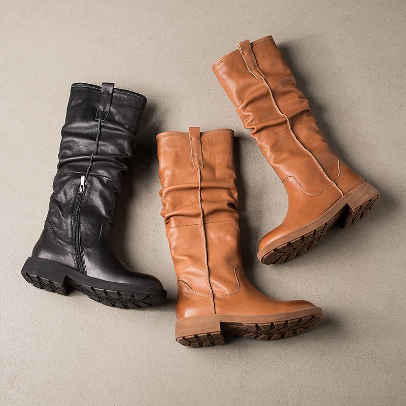 Waxing Leather Knee High Boots Fold Design Riding Boots Black/Brown