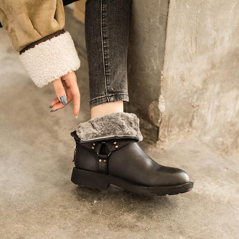 Waxing Leather Buckle Boots Handmade British Boots Fleece Lined Snow Boots Black/White/Coffee