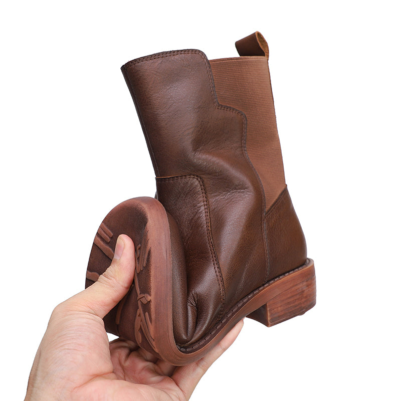Retro Cowhide Boots Women Comfy Zip Walking Coffee