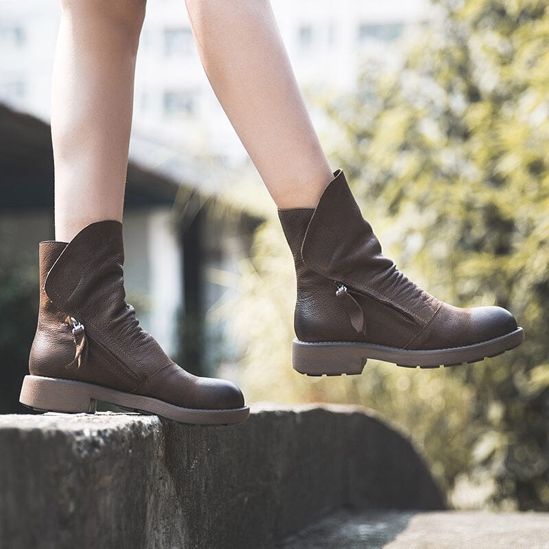Leather Zip Boots Retro Riding Boots Women Chunky Wrinkled Ankle Boots Black/Coffee
