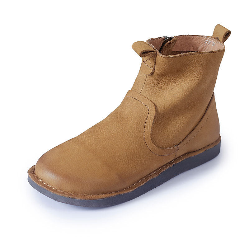 Retro Cowhide Boots Women Comfy Zip Walking Boots Brown/Coffee