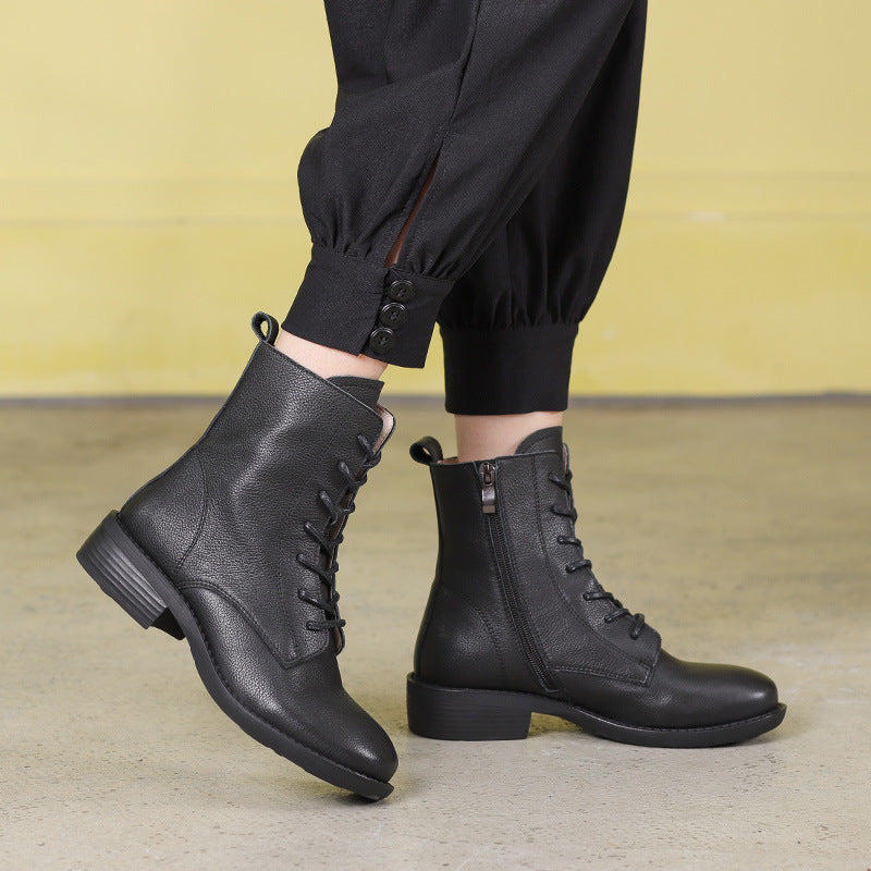 Winter Boots Handmade Genuine Leather Lace-Up Combat Boots Retro Boots Chunky Ankle Boots Black/Coffee