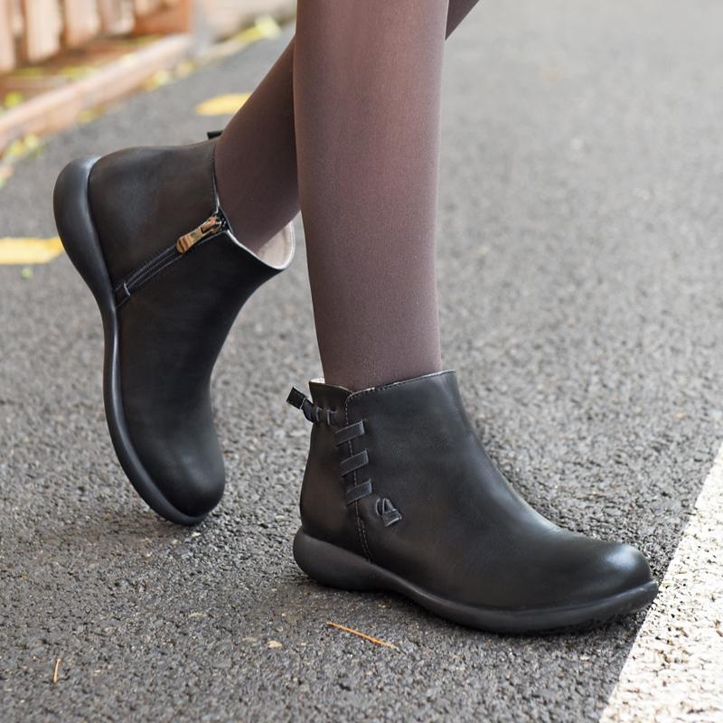 Women Retro Leather Short Boots for Winter Round Toe Ankle Boots Black/Blue