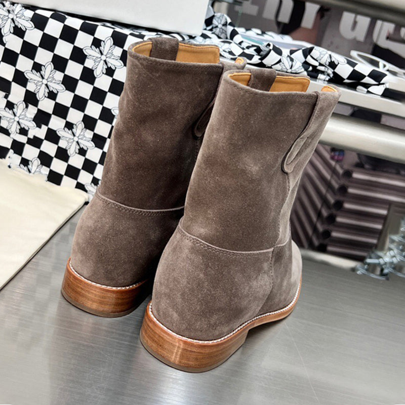 Womens Suede Leather Mid Calf Western Cowboy Boots In Black/Khaki/Brown/Grey