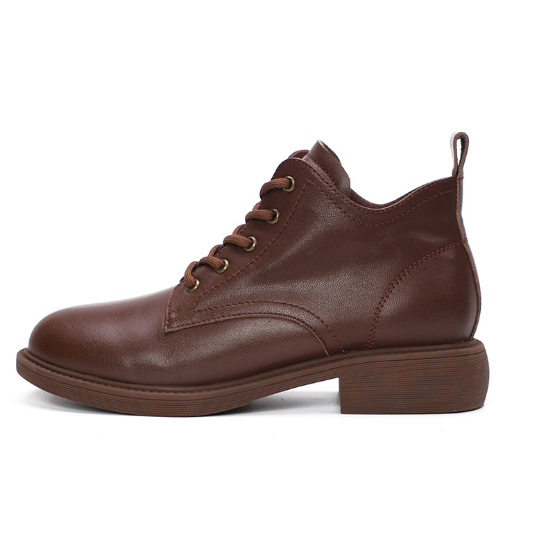 Handmade Genuine Leather Boots Lace-Up Combat Boots Retro Chunky Ankle Boots