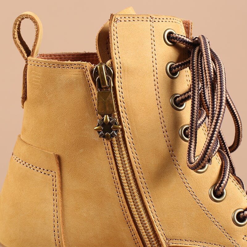 Women's Handmade High Lace-up Boot in Nubuck Calfskin Waterproof in Yellow Platform