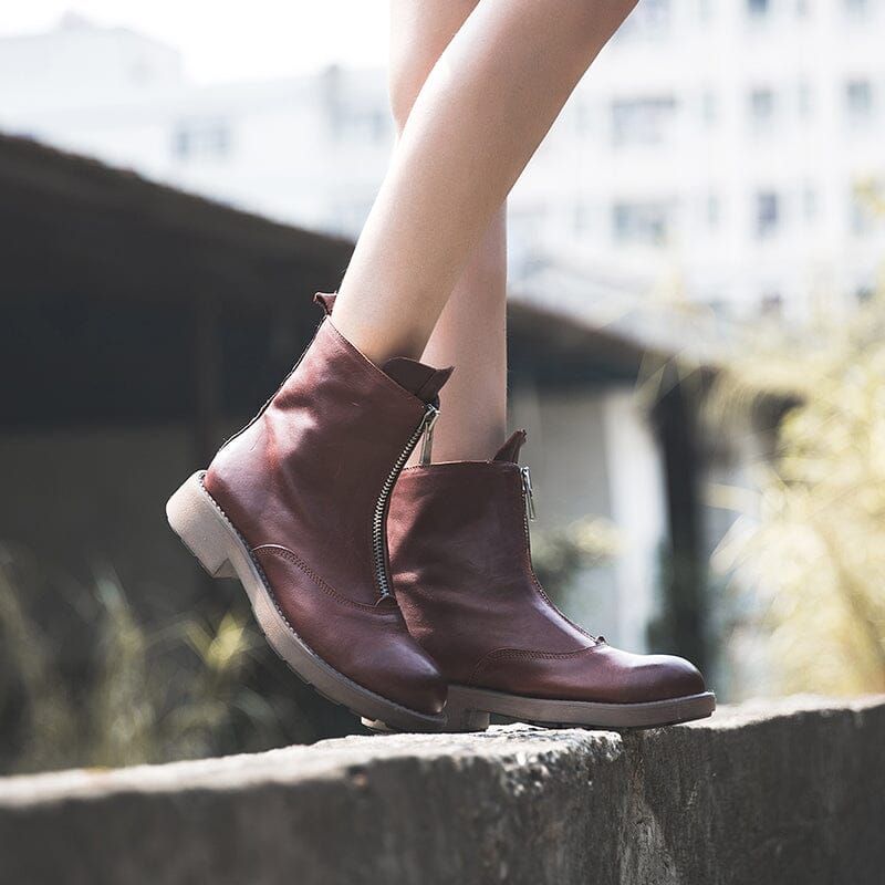 Leather Ankle Boots Comfortable Walking Round Boots Up Zip in Brown/Black