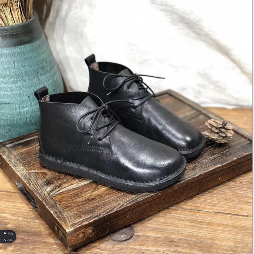 Handmade Genuine Leather Boots Lace-Up Soft Ankle Booties Casual Work Combat Boots Mori Girl Designer Shoes Brush-Off