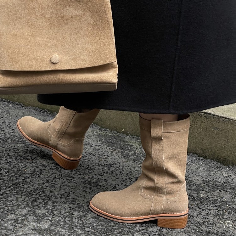 Womens Suede Leather Mid Calf Boots In Black/Khaki