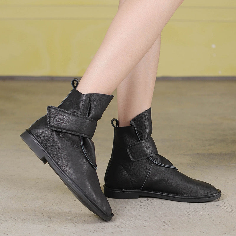 Handmade Women's Leather Booties Round Toe Velcro Flat Ankle Boots Brown/Black/Coffee