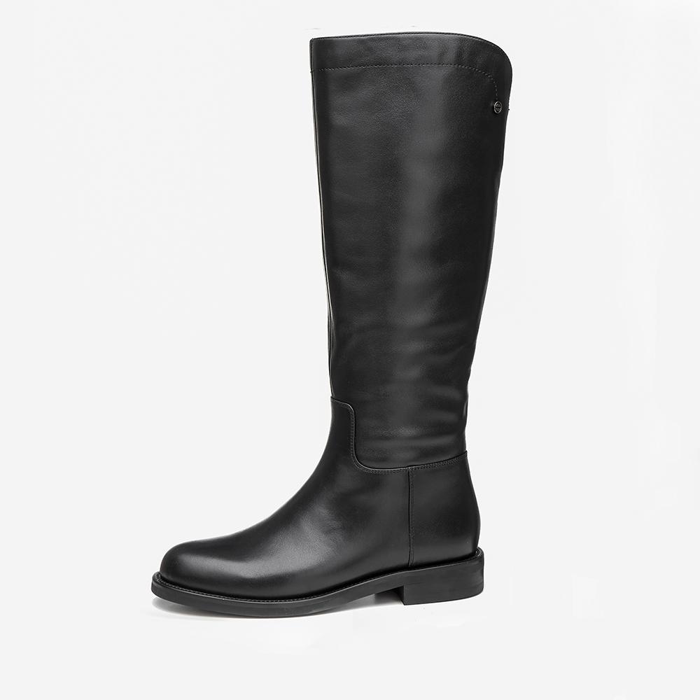 Handmade Soft Leather Knee High Boots Side Zip Riding Boots Black Short Plush