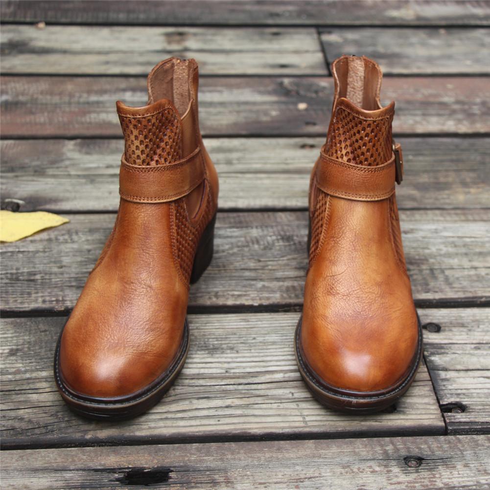 Women'S Handmade Leather Ankle Boots Comfortable Walking Retro Boots With Buckles Brown