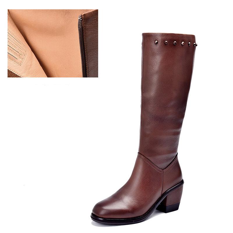 Handmade Leather Knee High Boots Block Heel Biker Boots Retro Rivet